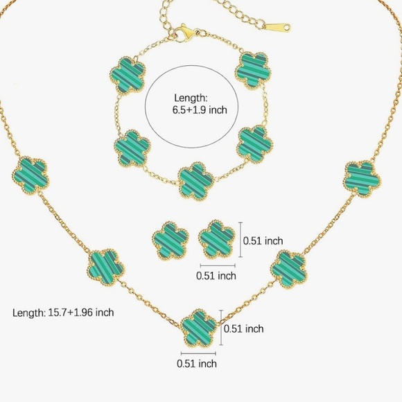 5 Motif Green Gold flower clover necklace earring bracelet (3) piece jewelry Set - Picture 2 of 3